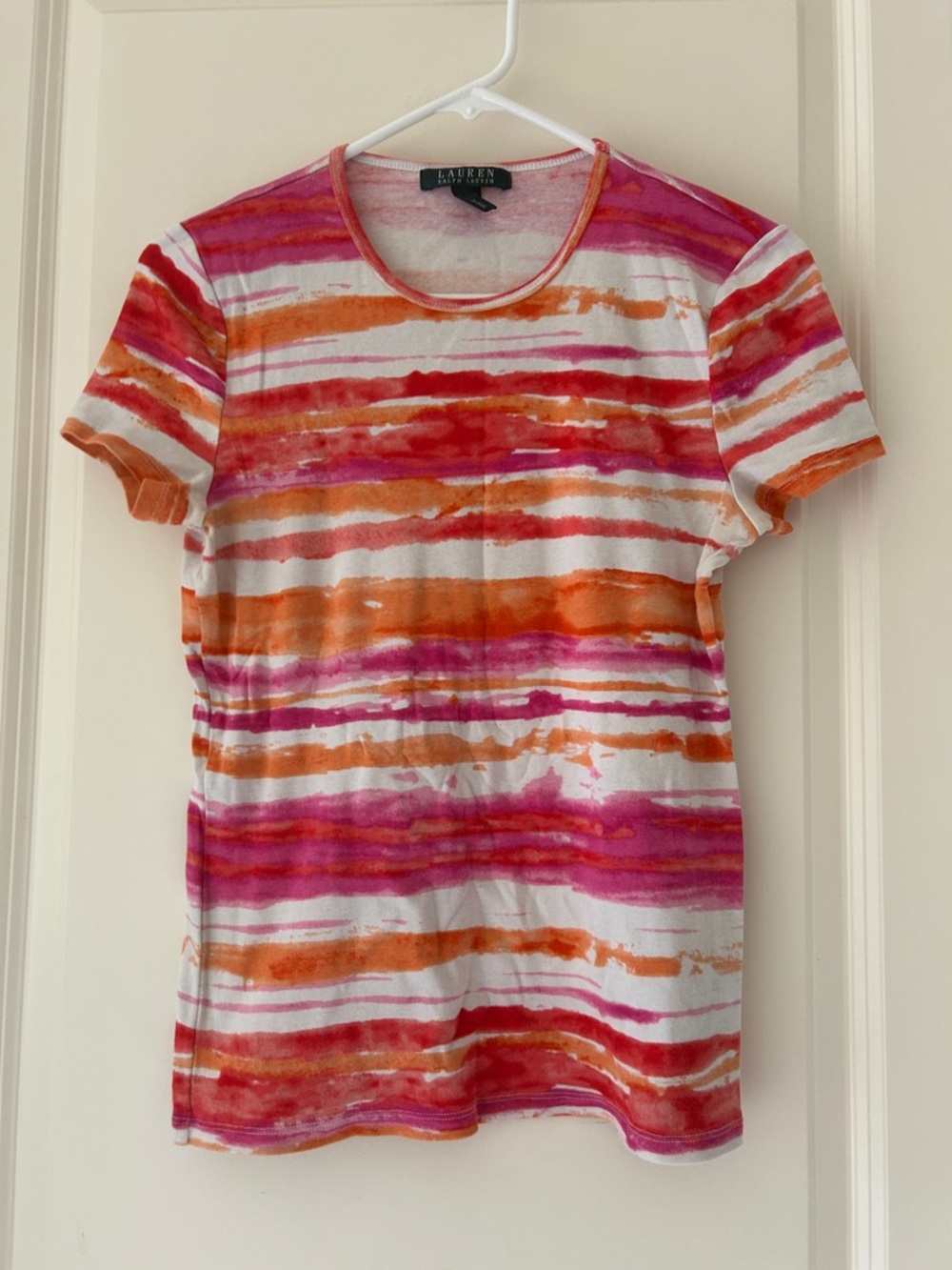 Lauren Ralph Lauren Pink Orange watercolor style striped Short Sleeve Tee size L